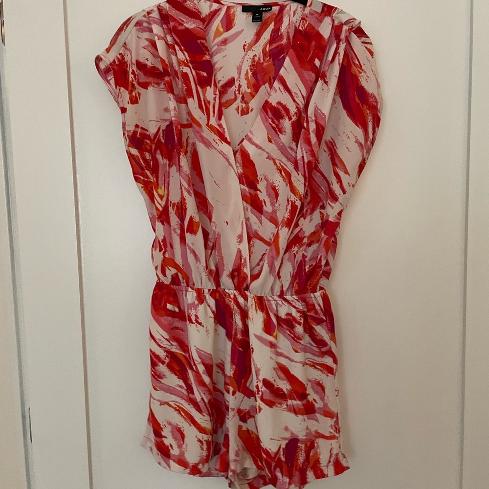 Aqua red and pink silk floral romper